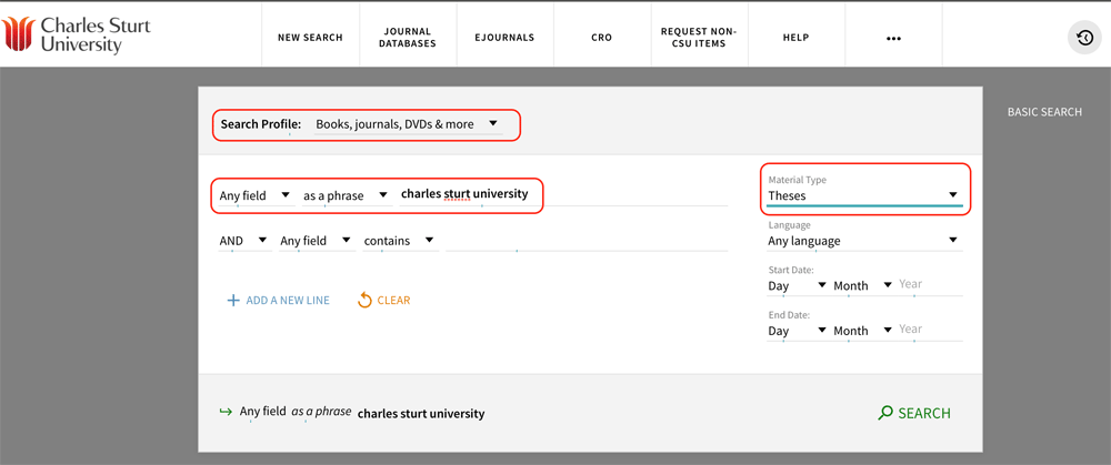 Screen sample of the Primo Search website with search terms entered into search fields and 'Theses' selected in the 'Material Type' field.