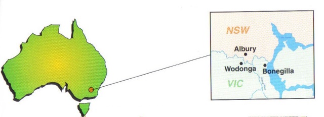 Map of Australia with a focus box showing the location of Bonegilla outside Albury