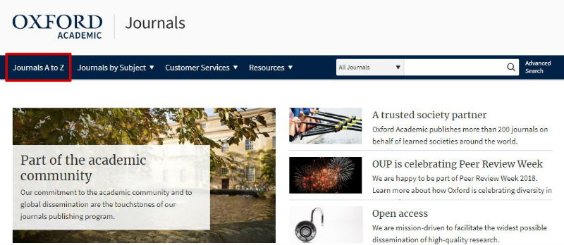 screen sample of the Oxford Journal database with the 'Journals A-Z' highlighted