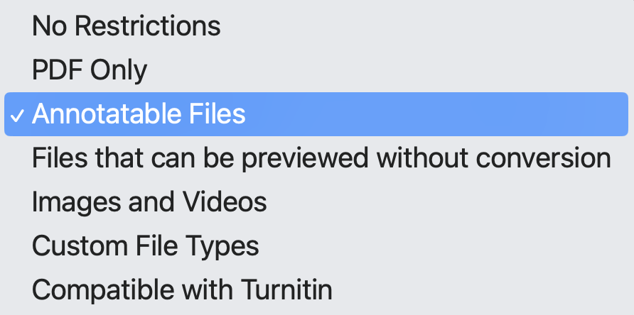 Screen capture image of the Allowable File Extensions drop-down menu in Brightspace, containing the options No Restrictions, PDF Only, Annotatable Files, Files that can be previewed without conversion, Images and Videos, Custom File Types, Compatible with Turnitin]