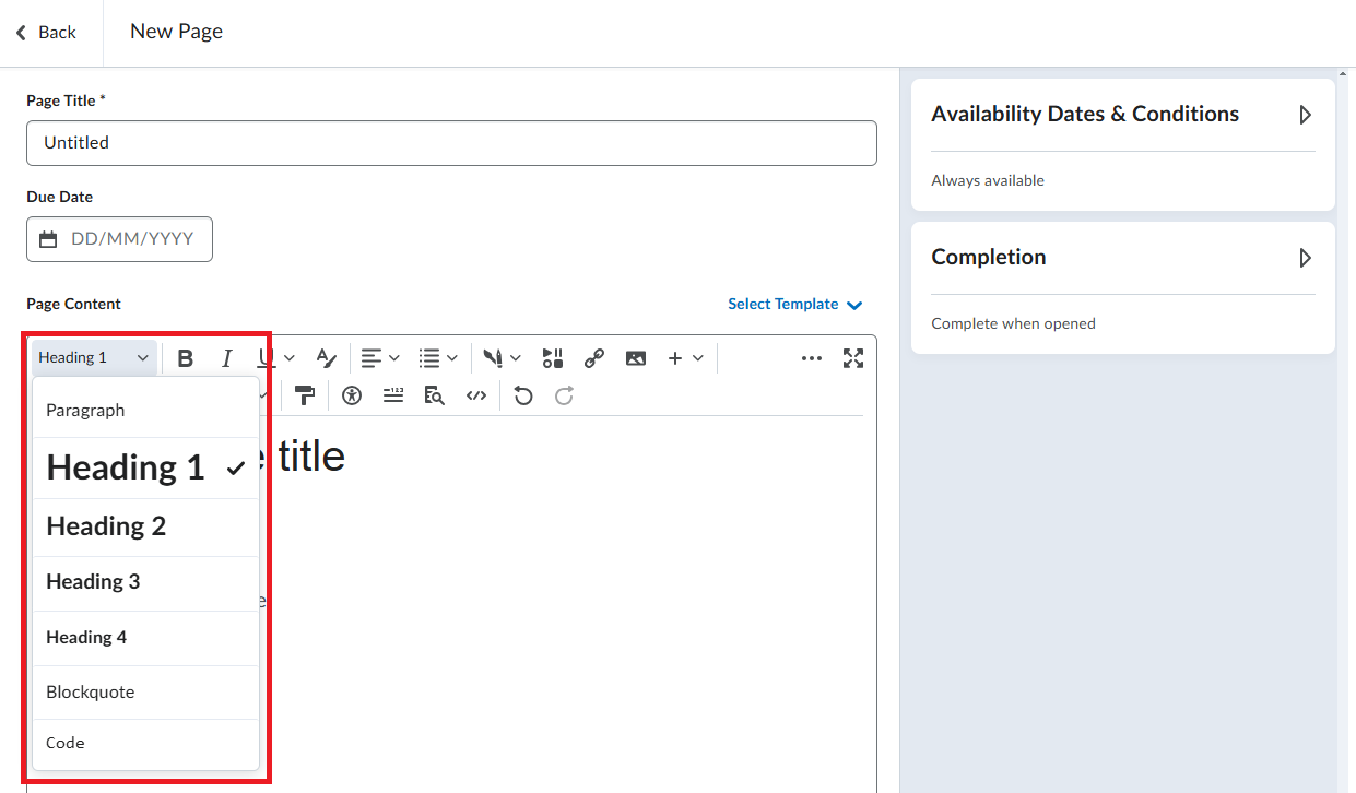 Screenshot of the HTML file page Brightspace. Paragraph has been clicked and the following options are available: -Paragraph -Heading 1 -Heading 2 -Heading 3 -Heading 4 -Blockquote -Code