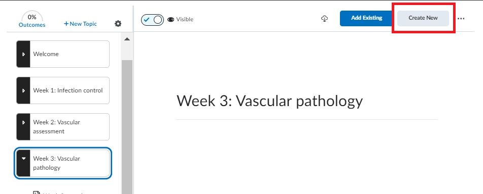 Screenshot of the Content tool in Brightspace. A topic has been clicked and the Create New button is now visible