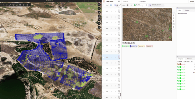 Fig.2. Screenshot - side-by-side imagery footprint overlapping ground truth areas of interest and Label Studio interface where HITL takes place: SME validates detections, discards false positives, and labels false negatives to increase validated dataset at a large scale.