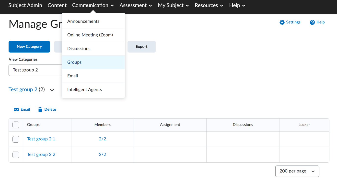 A screenshot of the subject navigation bar in Brightspace with the Subject Admin menu selected