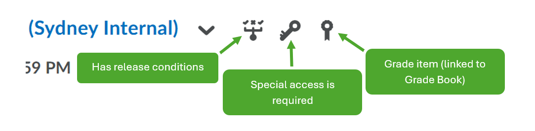  Screen capture of quiz icons. The image depicts icons for release conditions, special access and linking to grade item. 