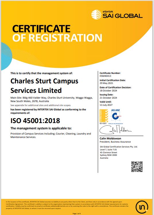 Certificate of Registration AS4801 Health & Safety