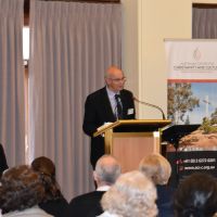 Rt Rev Professor Stepehn Pickard introduces Professor Elizabeth MacKinlay for her keynote address titled “Ageing and frailty: a spiritual perspective of the lived experience”. Photograph by Sarah Stitt