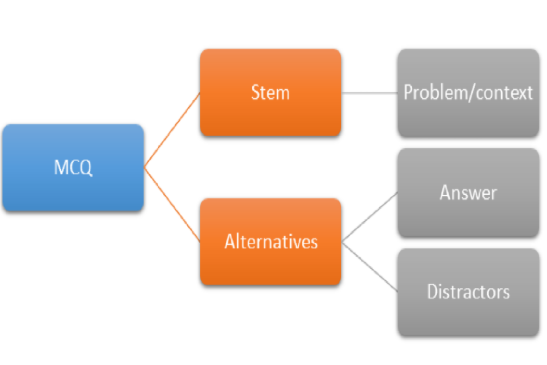 Anatomy of MCQ - a stem leading to a problem/context and alternatives leading to an answer or distractors