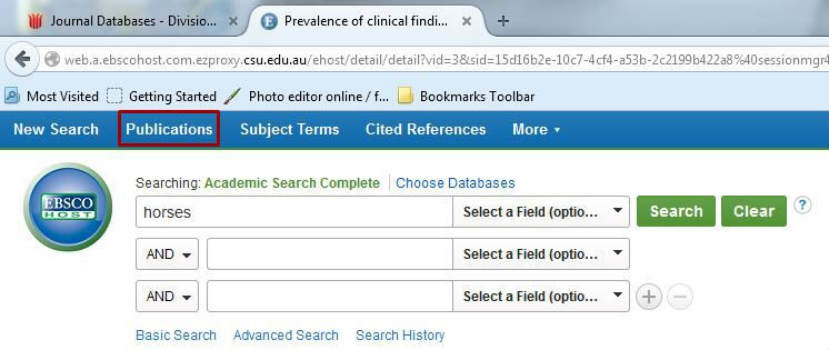 screen sample of the EBSCO website with the 'Publications' menu item highlighted