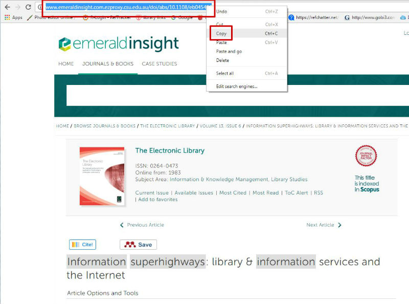 screen sample of the Emerald website with the address bar URL highlighted