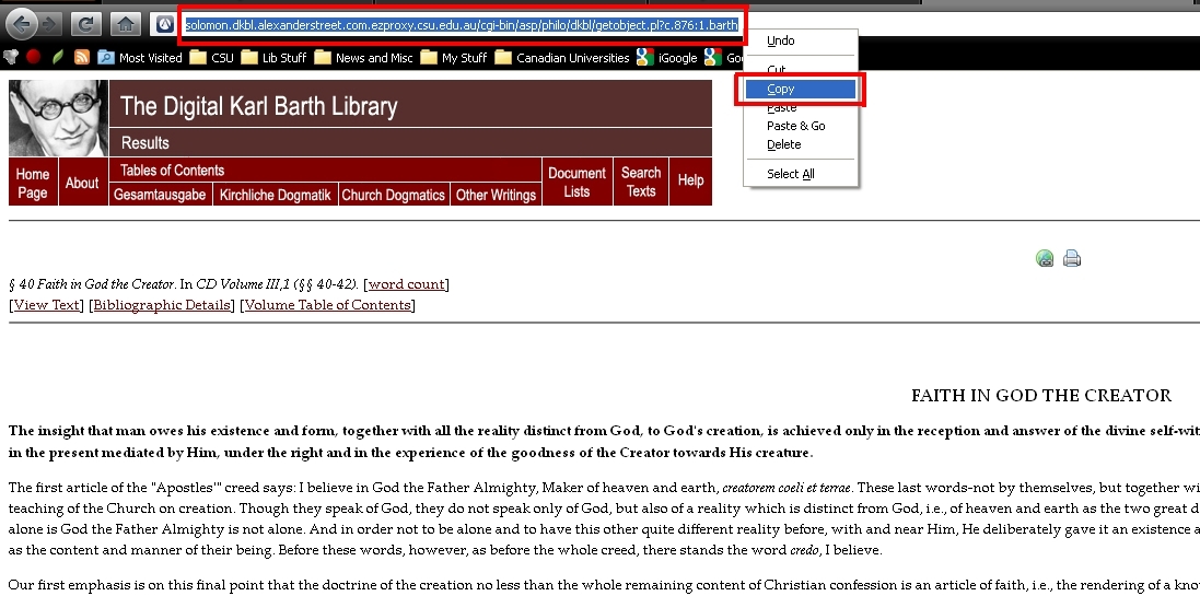 screen sample of the Digital Karl Barth Library website with the address bar URL highlighted