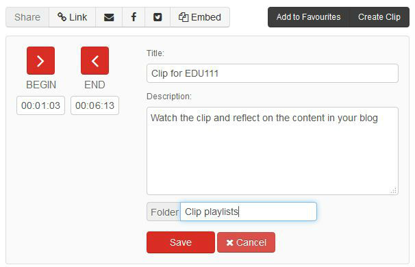 screen sample of the Informit EduTV website with the 'Title',  'Description' and 'Folder' fields completed on the 'Create Clip' tab
