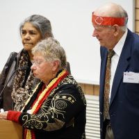 Aunty Joyleen and Ray Rogers, with Aunty Gloria Rogers, delivering the Warming to Country at the  2016 launch of the Centre for Law and Justice.