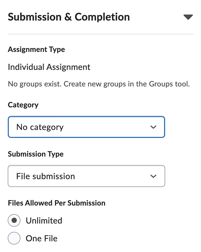 Screen capture image of the New Assignment screen in Brightspace, with part of an accordion labelled Submission and Completion]