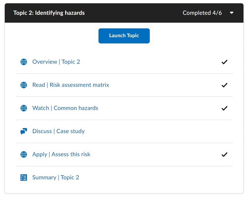 Screenshot of the learner Content screen in Brightspace. The image depicts the page names for Topic 2 Identifying hazards: Overview – Topic 2; Read – Risk assessment matrix; Watch – Common hazards; Discuss – Case studies; Apply – Assess the risk; Summary – Topic 2.