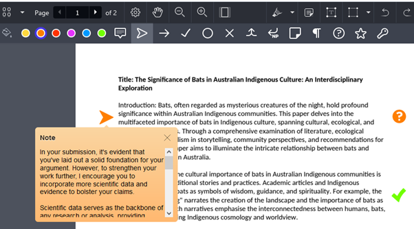 A submission with several notes on it. One note is expanded. The options bar is also open