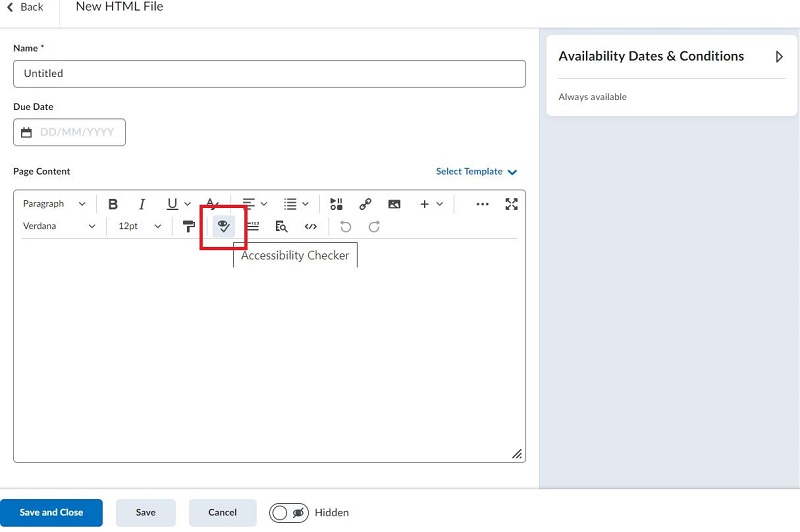 Screenshot of the HTML file page Brightspace. Accessibility Checker has a red box around it, indicating where the Accessibility Checker is found in the HTML editor