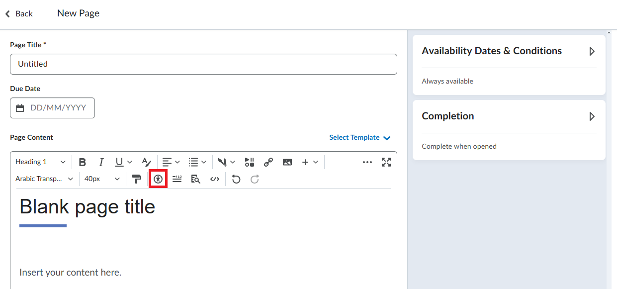 Screenshot of the HTML file page Brightspace. Accessibility Checker has a red box around it, indicating where the Accessibility Checker is found in the HTML editor