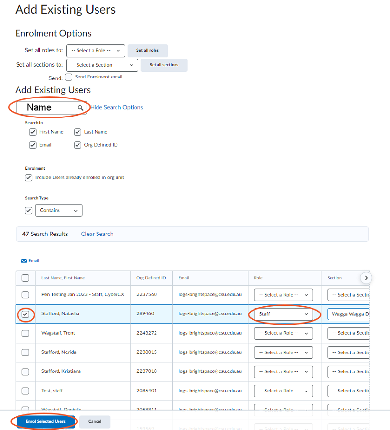 Screenshot showing the Name search field circled, the checkbox next to the name circled, and the Role drop-down circled