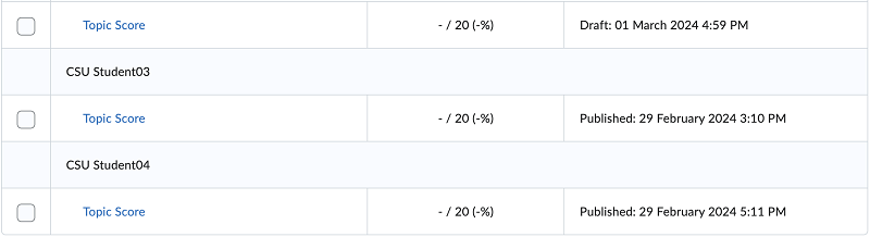 Screenshot showing a list of students and Topic Score below each student’s name