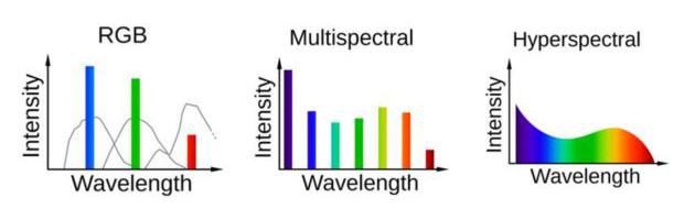 Bands and associated wavelengths typically represented in RGB, Multispectral and Hyperspectral imagery. A graph for each band showing RGB values over intensity.