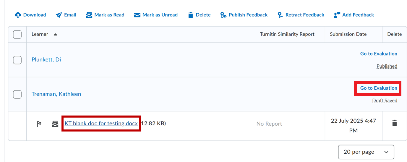 Click Go to Evaluation under Users tab