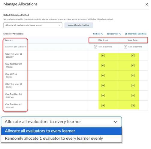 Clicking on the ‘Manage allocations’ link will open a table displaying all students and the evaluators