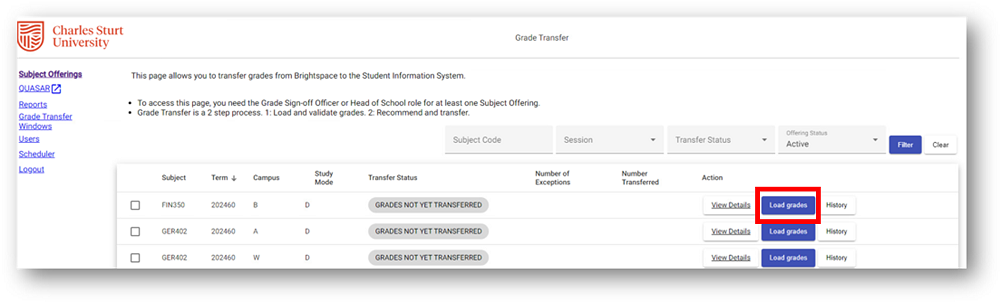 Load grades button in the Grade Finalisation tool