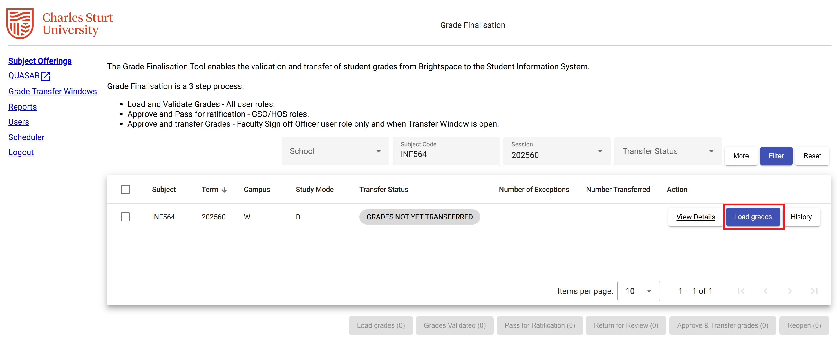 Load grades button in the Grade Finalisation tool