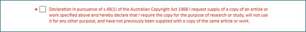 image is a screenshot of the digitialisation request form in Primo empathising the copyright declaration
