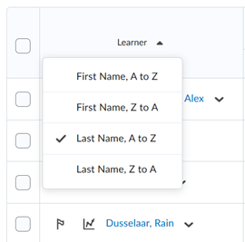 Screen capture image of the learner name column in the Enter Grades table. The arrow next to the name allows you to access a menu where you can sort by First Name, Last Name etc