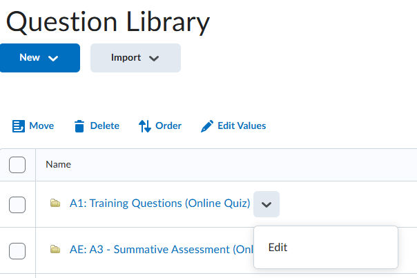 Screen capture of the Question Library screen. The image depicts how to select to edit the quiz section. 