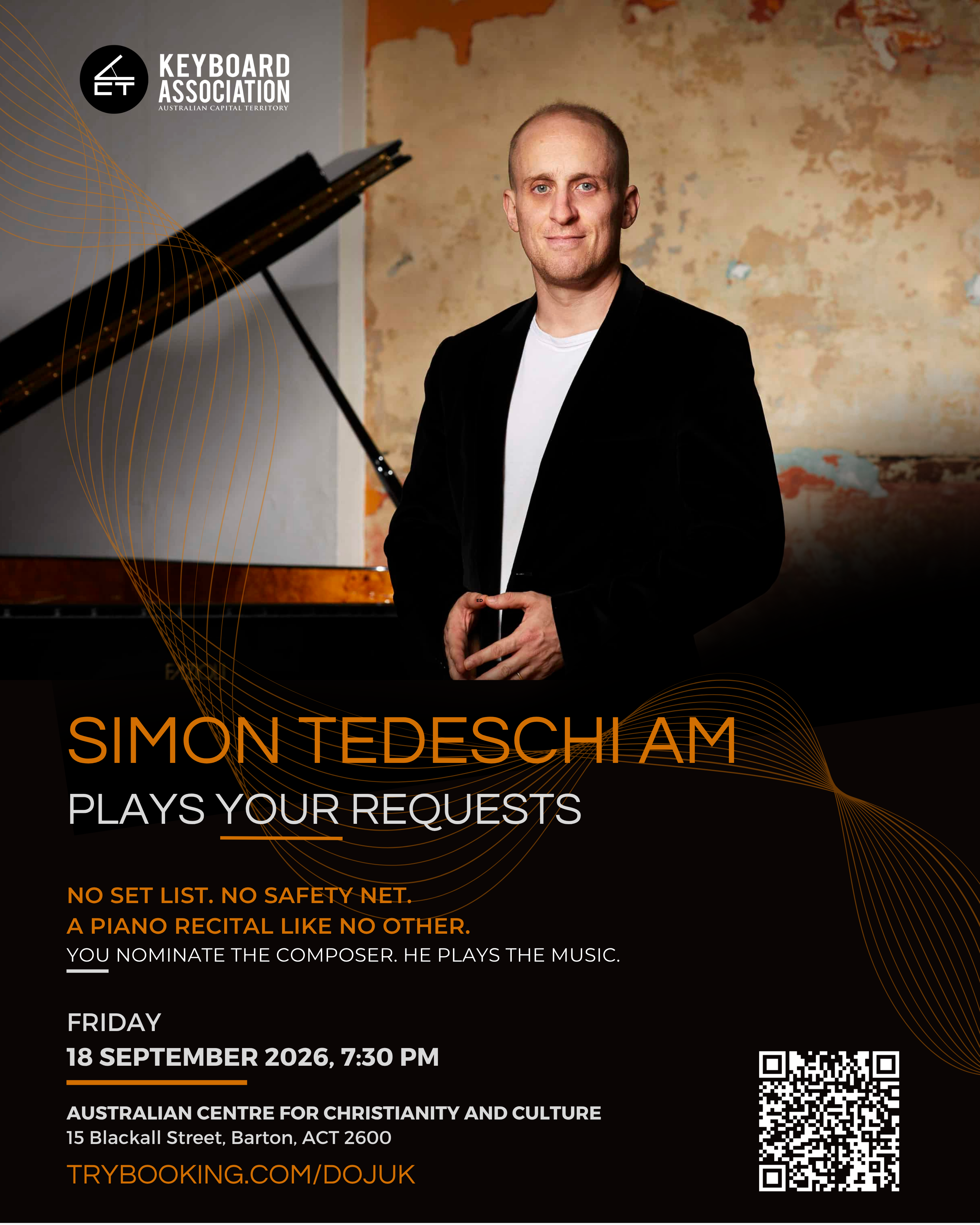 Event flyer showing Simon Tedeschi standing at a black grand piano