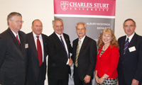 (L to R) Mr Patrick Cooper (Country Energy), Mr Warwick Beaton (NSW Dept of Lands), Mr Phillip Costa, MP, NSW Minister for Water, Rural Affairs and Regional Developement, the Vice-Chancellor & President of CSU, Profesor Ian Goulter, Ms Kaaren Koomen (IBM) and Associate Professor Ross Wilson, Head of the CSU School of Accounting and Computer Science, at the launch of the new IT degree at CSU Bathurst Campus on Friday 7.11.08. 