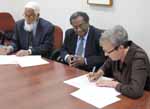 Signing the MoU at CSU in Wagga Wagga on Tuesday 11 May were (far left) Professor Abdul Halim, Head of the School of Agriculture at PNGUT, Dr Misty E Baloiloi, PNGUT Vice-Chancellor and CSU's Professor Deirdre Lemerle.