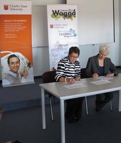 Committee 4 Wagga chairwoman Ms Judy Galloway (left) and CSU Eexecutive Dean of Business Professor Lesley White.
