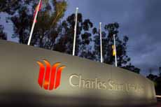 New entrance to CSU in Wagga Wagga by night. Photo by Lightbox Imageworks Photography.