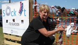 CSU Health Promotions Officer Ms Coleen Pearce at the Sock it to Suicide line