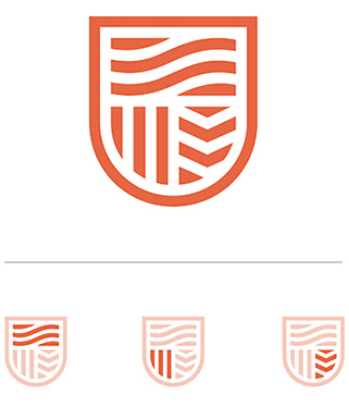 The new Charles Sturt crest is sheild shaped and depicts stylised rivers in the top half, vertical lines in the bottom quarter for the field, and chevrons in the bottom right for books.