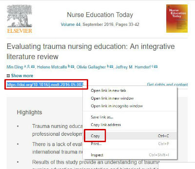 screen sample of the ScienceDirect website with the 'DOI' highlighted