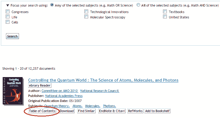 screen sample of the ebrary website with the 'Table of Contents' tab highlighted