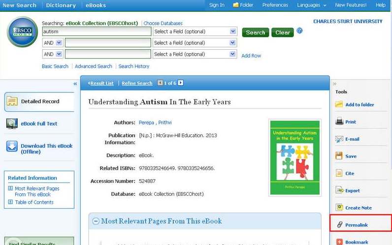 screen sample of the EBSCOhost website with the 'permalink' option highlighted