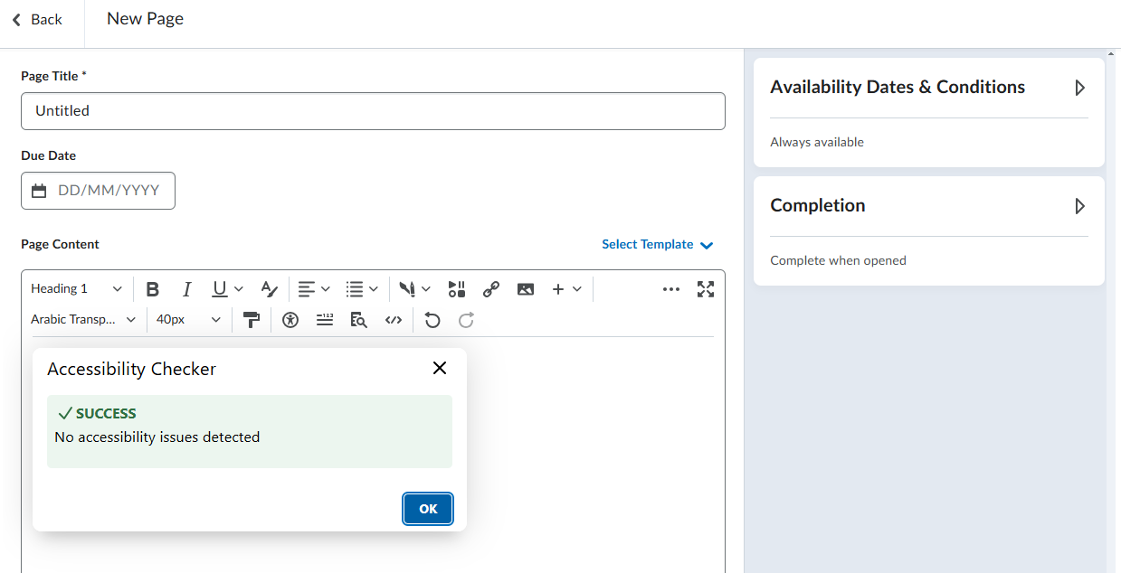 Screenshot of the HTML file page Brightspace. The Accessibility Checker tool has been clicked. A pop-up appears that is green and indicates that there are no accessibility issues detected