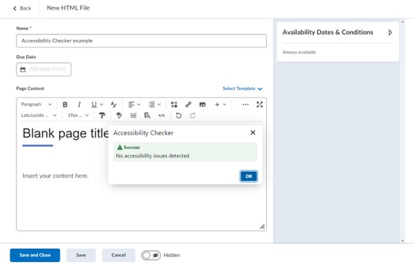 Screenshot of the HTML file page Brightspace. The Accessibility Checker tool has been clicked. A pop-up appears that is green and indicates that there are no accessibility issues detected