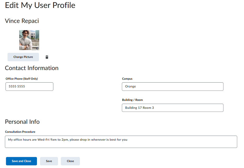 Screenshot showing the Staff Profile screen with the following editable fields: Change Picture, Contact Information, Campus, Building / Room, Personal Information (Consultation Procedure)