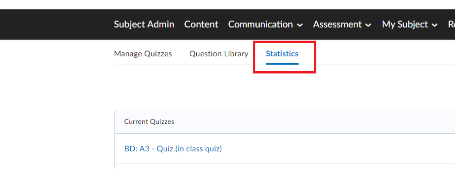 Screenshot of the quizzes and exams tool with the statistics button selected to access quiz statistics.