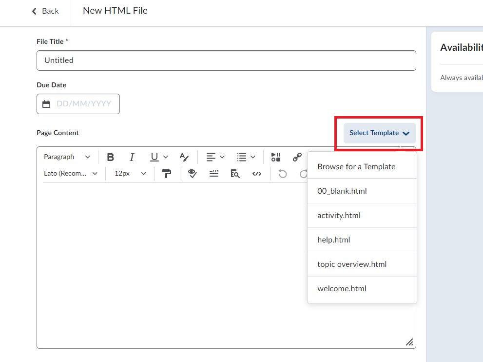 Screenshot the HTML editor in Brightspace The select template button is shown