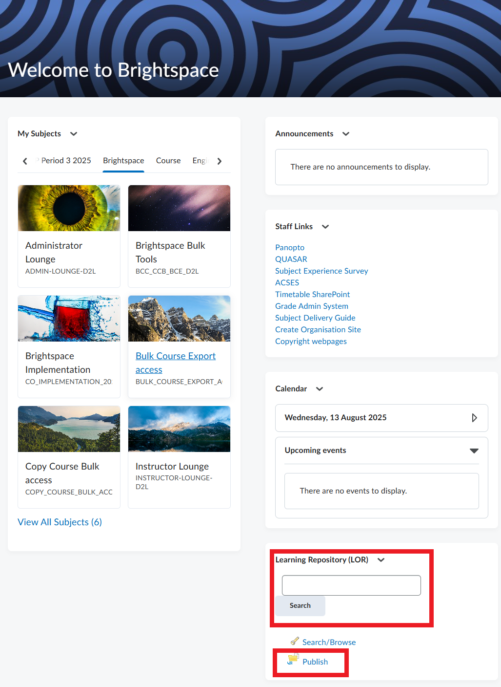 The LOR widget on the Brightspace homepage
