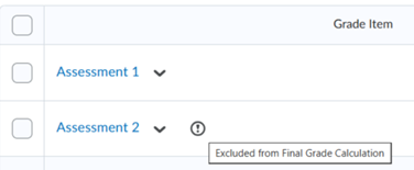 Screen capture of Grade items showing Excluded from Final Grade Calculation icon