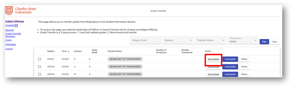 View details button in the Grade Finalisation tool